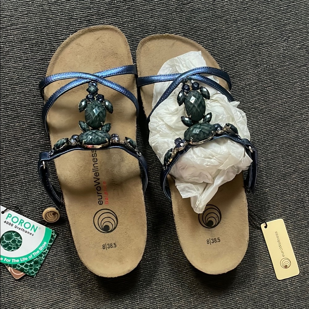Navy Blue Sandals with Turtle Embellishment cork & leather slides shoes 8/38.5